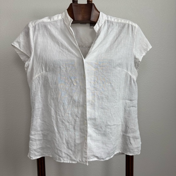 Edward Tops - Edward White Linen Short Sleeve Button Up Shirt L | Summer Minimal Top